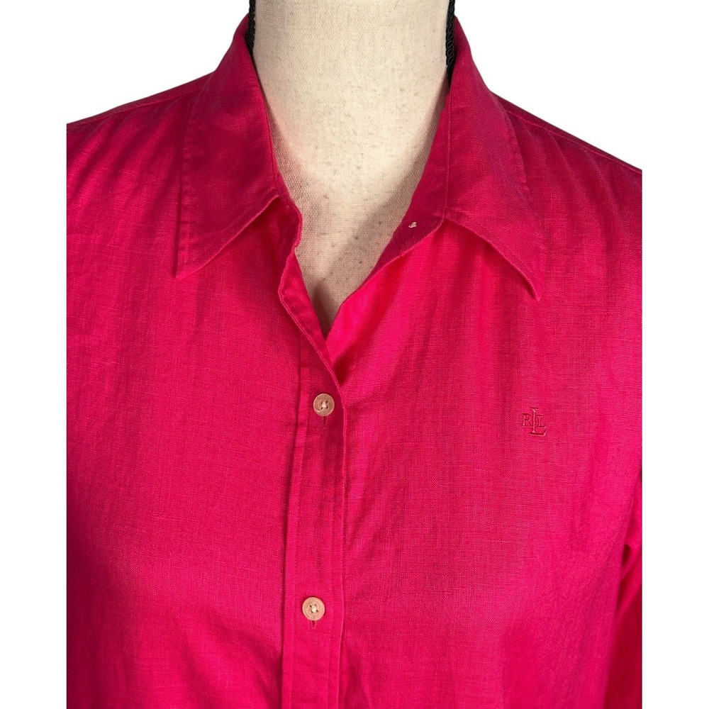 Lauren Ralph Lauren  Linen Bright Pink Button Down Blouse Size PM Petite Medium - Picture 2 of 13